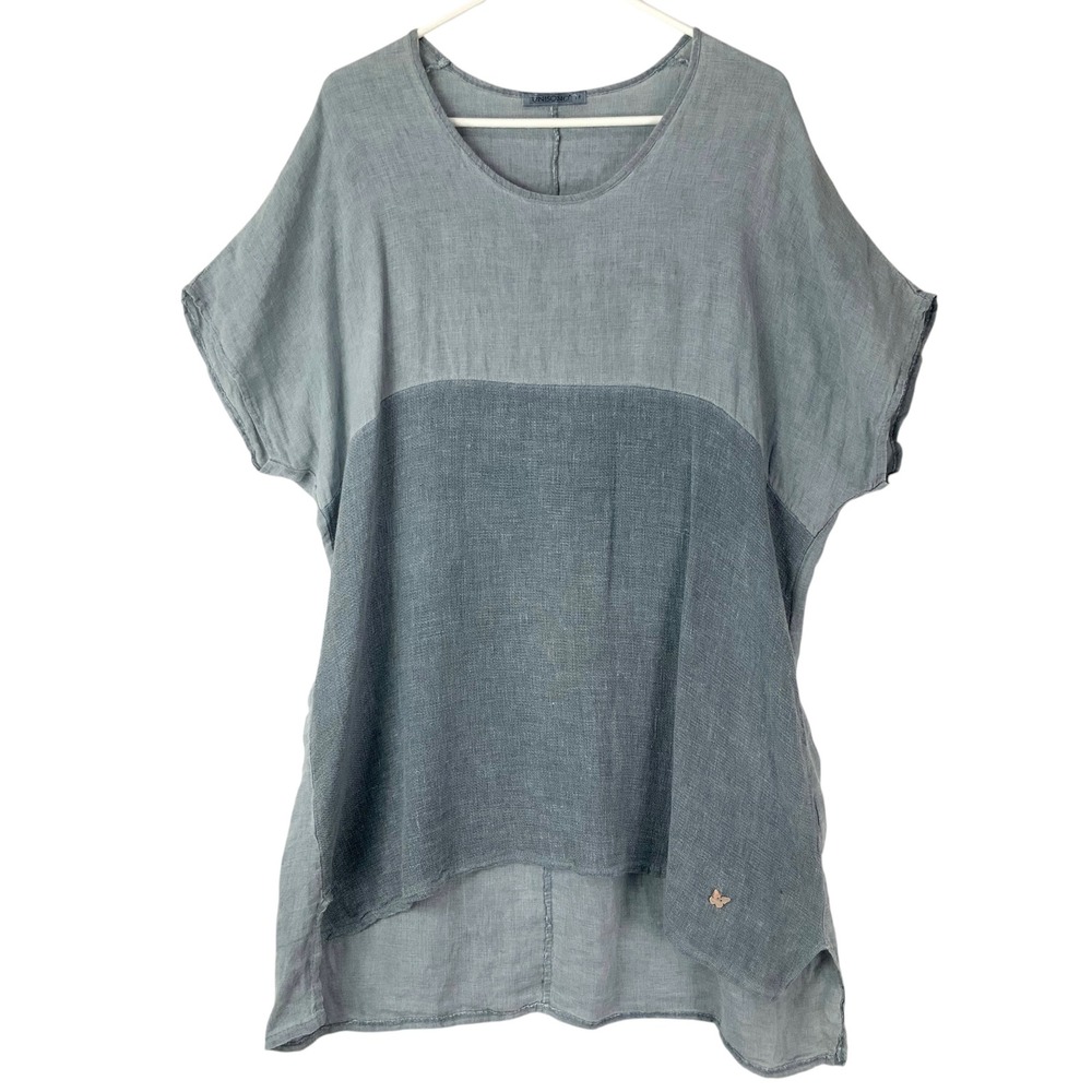 Unisono Blue Colorblock Linen Blend Tunic M Pullover Scoop Neck Short Sleeve Top